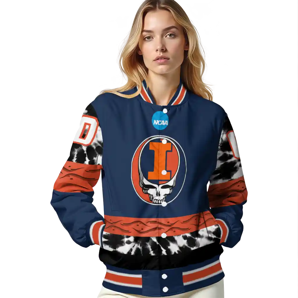 custom illinois fighting illini circle skull blue black varsity jacket latest model custom illinois fighting illini circle skull blue black varsity jacket latest model