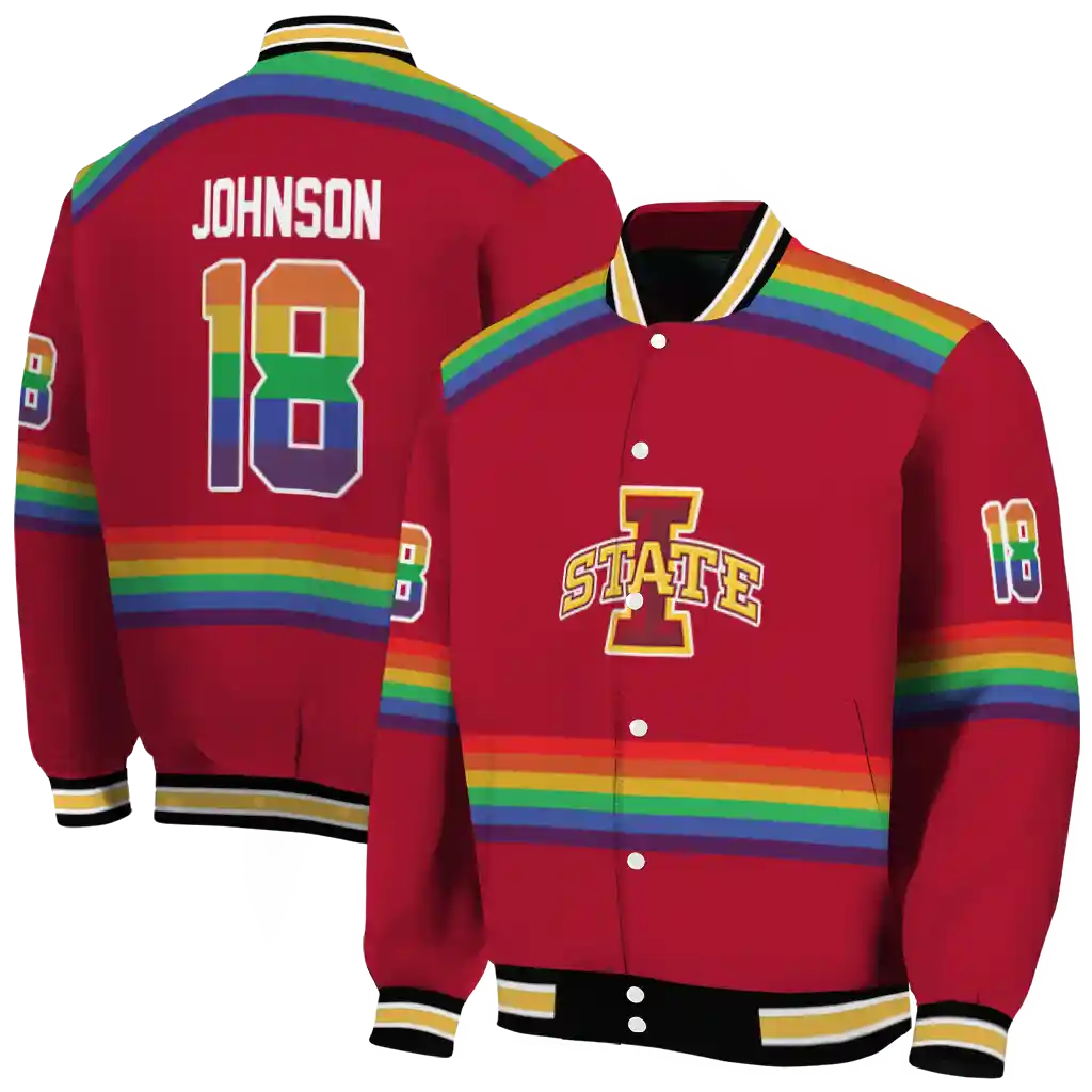 custom iowa state cyclones rainbow jersey number red varsity jacket fashion forward custom iowa state cyclones rainbow jersey number red varsity jacket fashion forward
