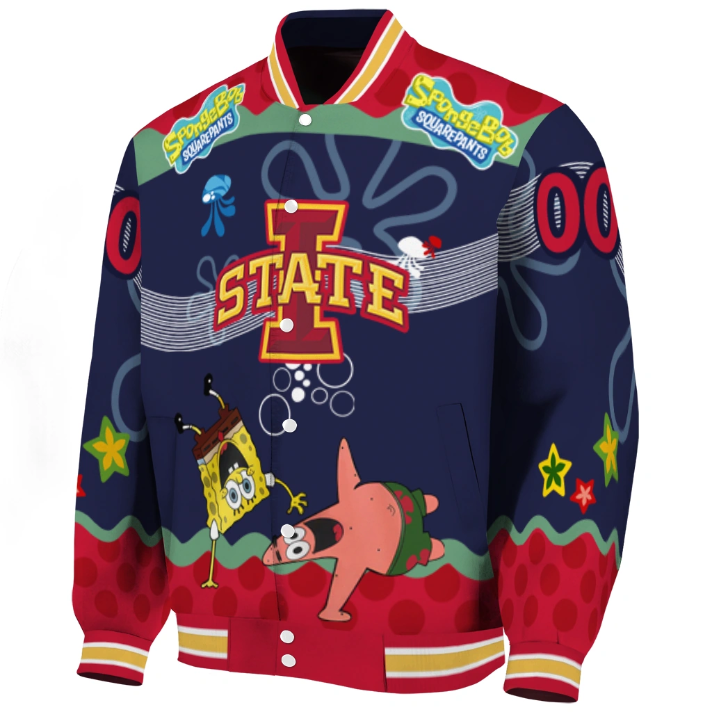 custom iowa state cyclones spongebob playtime red blue varsity jacket best selling custom iowa state cyclones spongebob playtime red blue varsity jacket best selling