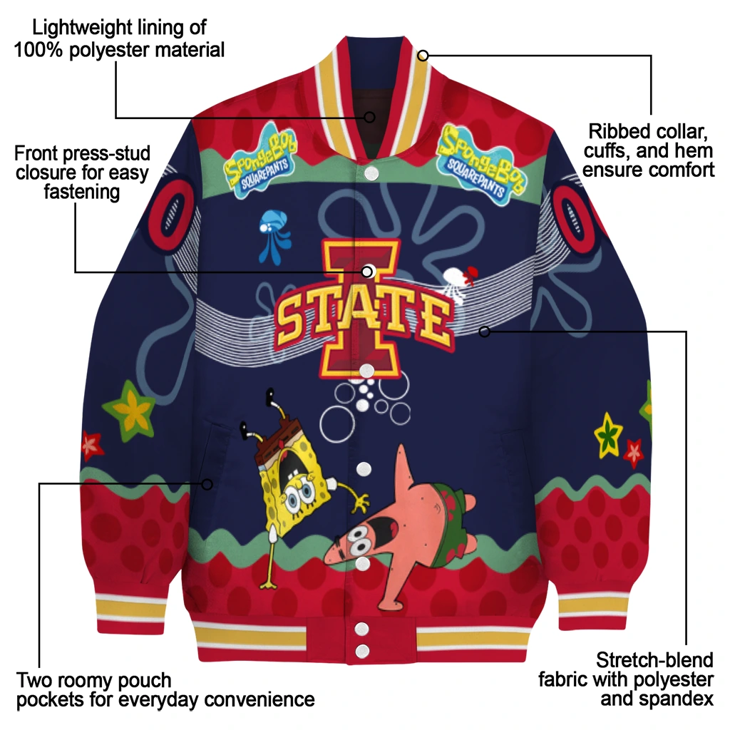 custom iowa state cyclones spongebob playtime red blue varsity jacket new arrival custom iowa state cyclones spongebob playtime red blue varsity jacket new arrival