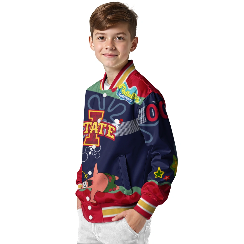custom iowa state cyclones spongebob playtime red blue varsity jacket trendy custom iowa state cyclones spongebob playtime red blue varsity jacket trendy