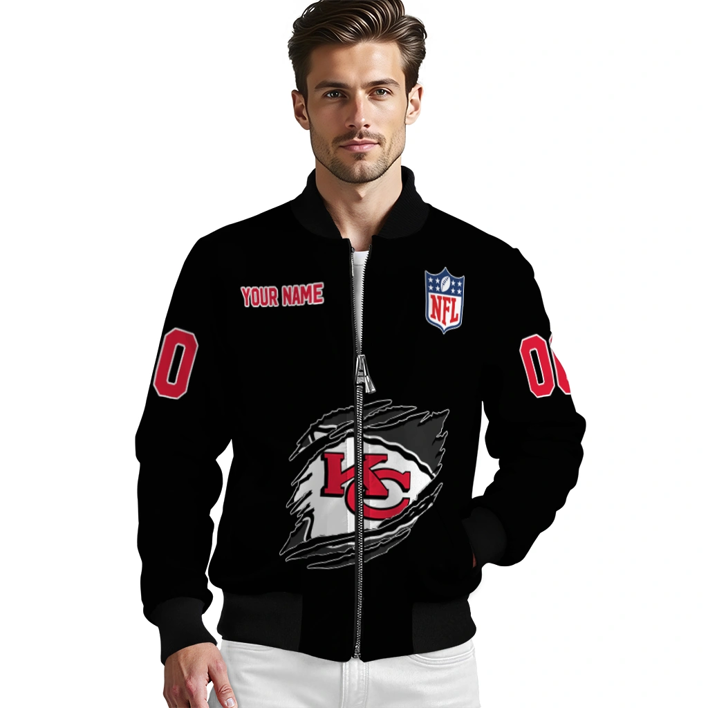 custom kansas city chiefs claw scratch black bomber jacket high quality custom kansas city chiefs claw scratch black bomber jacket high quality