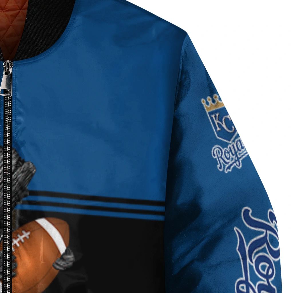 custom kansas city royals groot football royal blue black bomber jacket premium grade custom kansas city royals groot football royal blue black bomber jacket premium grade