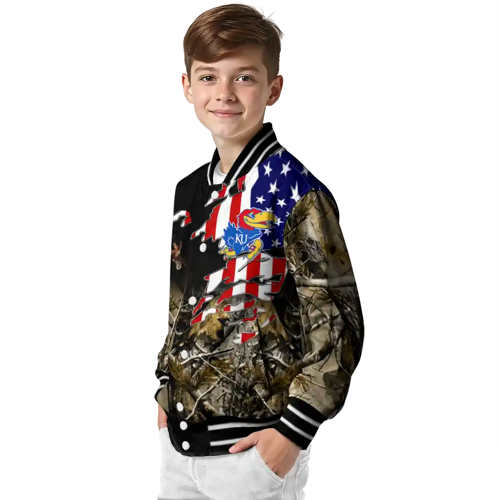 custom kansas jayhawks patriot deer camouflage varsity jacket trendy custom kansas jayhawks patriot deer camouflage varsity jacket trendy