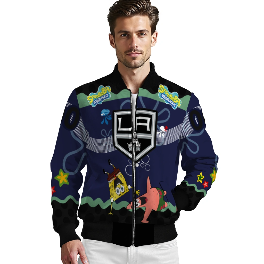 custom los angeles kings spongebob playtime black blue bomber jacket high quality custom los angeles kings spongebob playtime black blue bomber jacket high quality