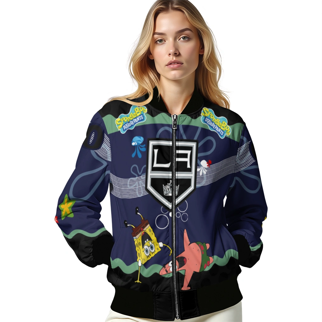 custom los angeles kings spongebob playtime black blue bomber jacket latest model custom los angeles kings spongebob playtime black blue bomber jacket latest model