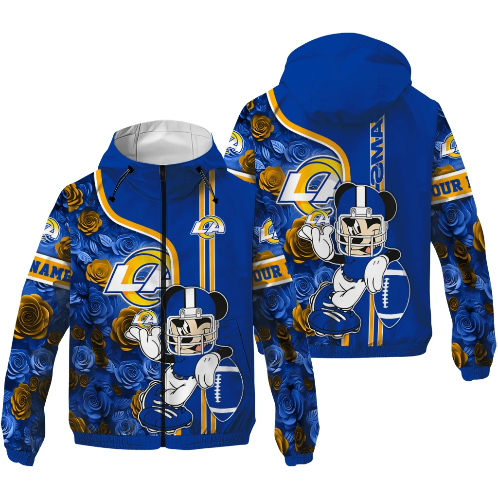 custom los angeles rams football micky mouse blue windbreaker jacket high quality custom los angeles rams football micky mouse blue windbreaker jacket high quality