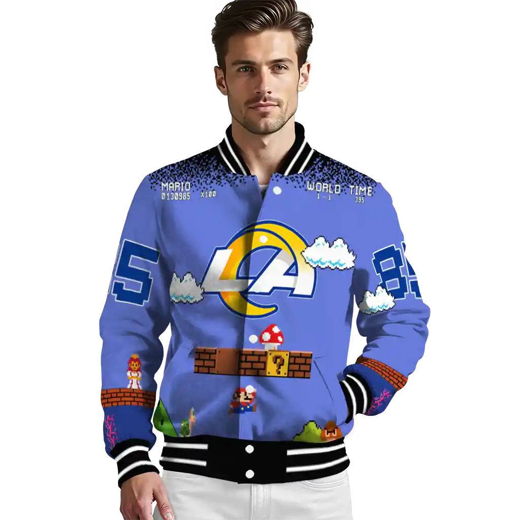 custom los angeles rams mario blocks blue black varsity jacket high quality custom los angeles rams mario blocks blue black varsity jacket high quality
