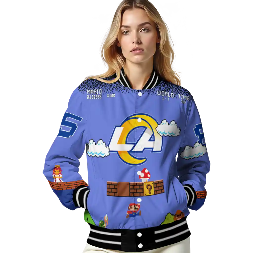 custom los angeles rams mario blocks blue black varsity jacket latest model custom los angeles rams mario blocks blue black varsity jacket latest model