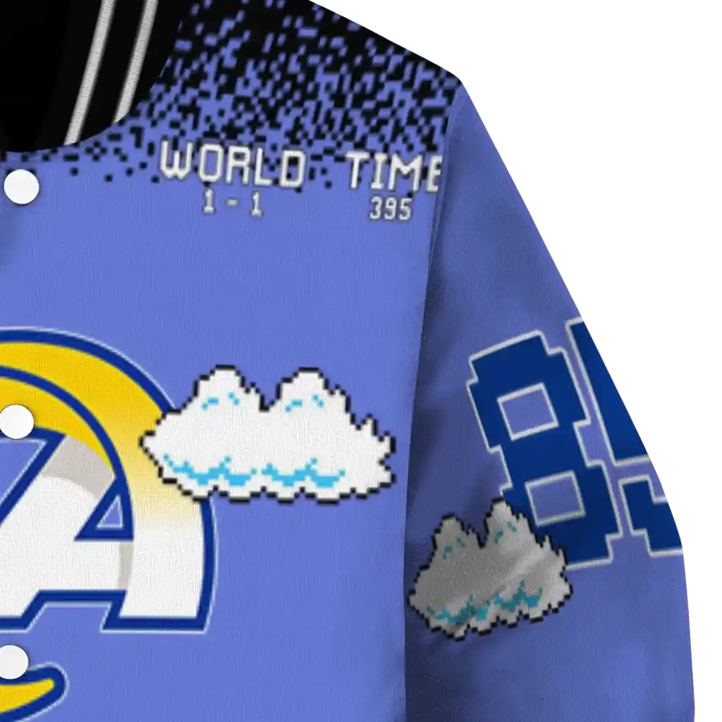 custom los angeles rams mario blocks blue black varsity jacket premium grade custom los angeles rams mario blocks blue black varsity jacket premium grade