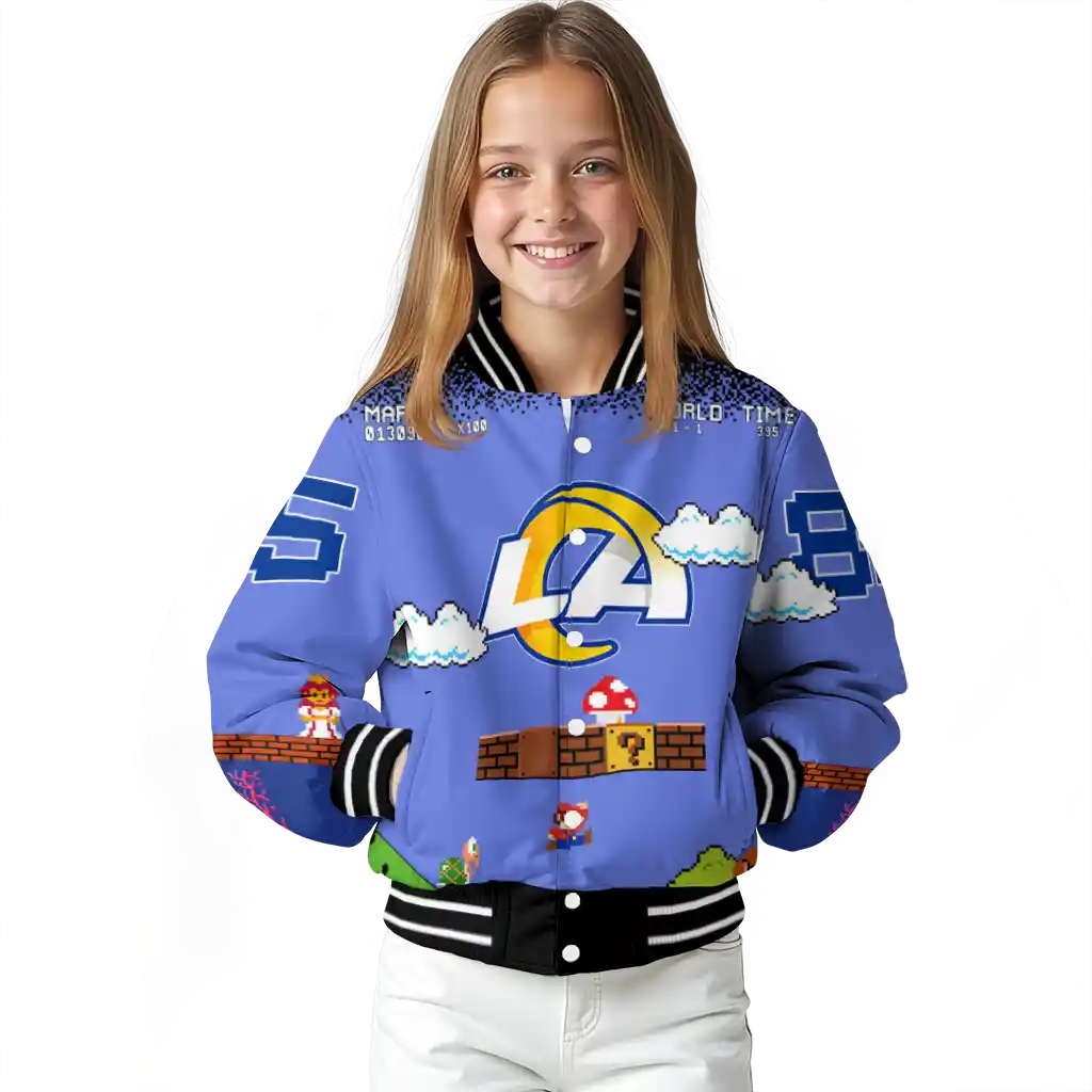 custom los angeles rams mario blocks blue black varsity jacket top rated custom los angeles rams mario blocks blue black varsity jacket top rated