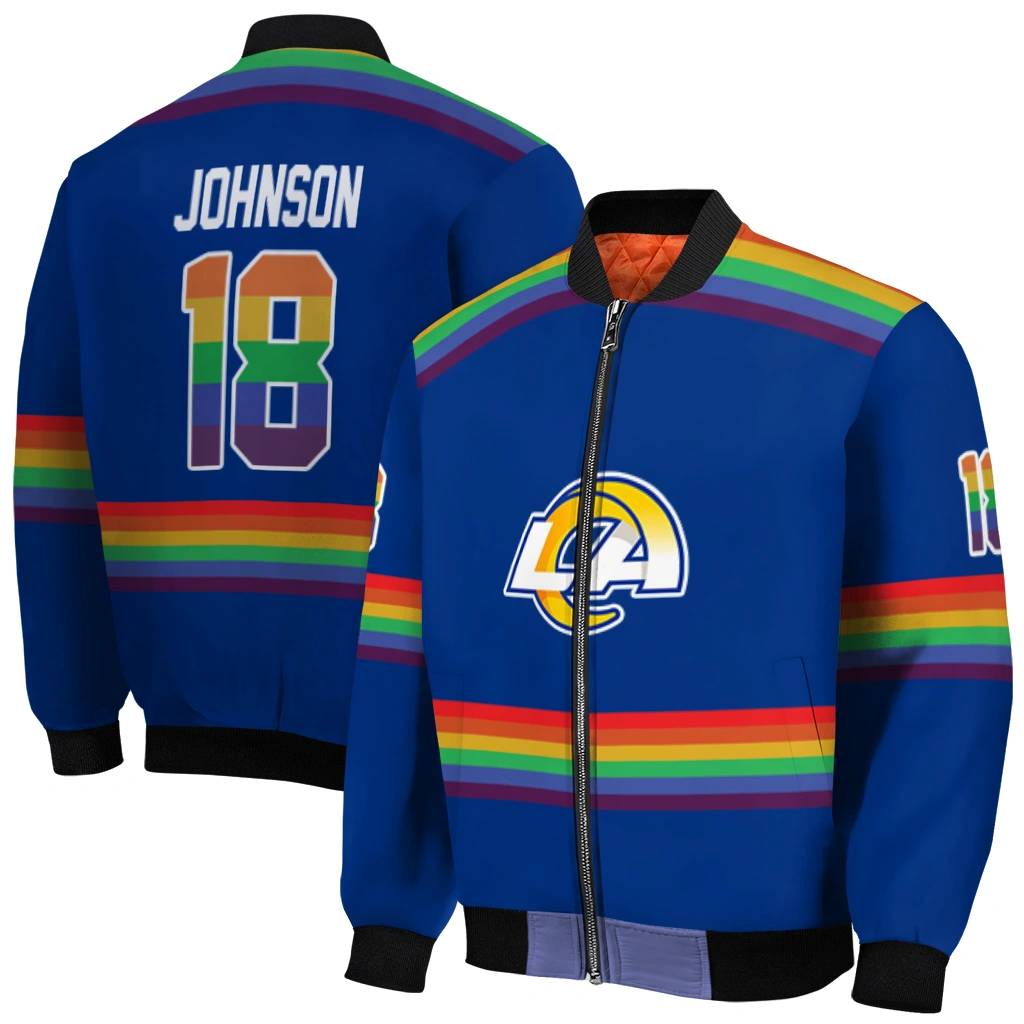 custom los angeles rams rainbow jersey number blue bomber jacket best selling custom los angeles rams rainbow jersey number blue bomber jacket best selling