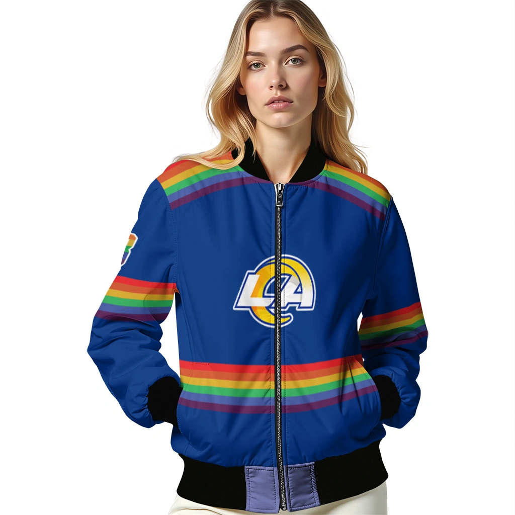 custom los angeles rams rainbow jersey number blue bomber jacket latest model custom los angeles rams rainbow jersey number blue bomber jacket latest model