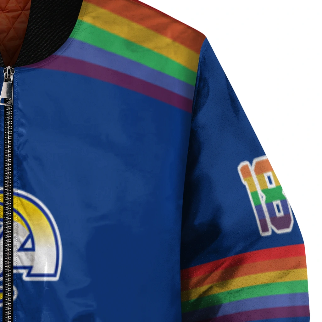 custom los angeles rams rainbow jersey number blue bomber jacket premium grade custom los angeles rams rainbow jersey number blue bomber jacket premium grade