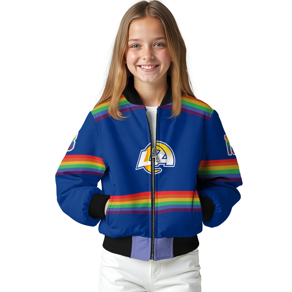 custom los angeles rams rainbow jersey number blue bomber jacket top rated custom los angeles rams rainbow jersey number blue bomber jacket top rated