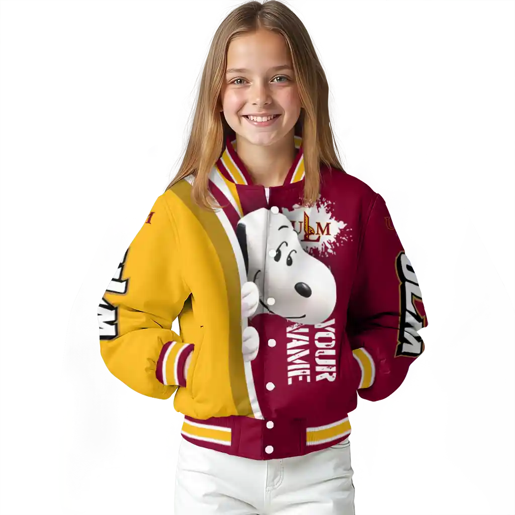 custom louisiana monroe warhawks snoopy head red varsity jacket top rated custom louisiana monroe warhawks snoopy head red varsity jacket top rated