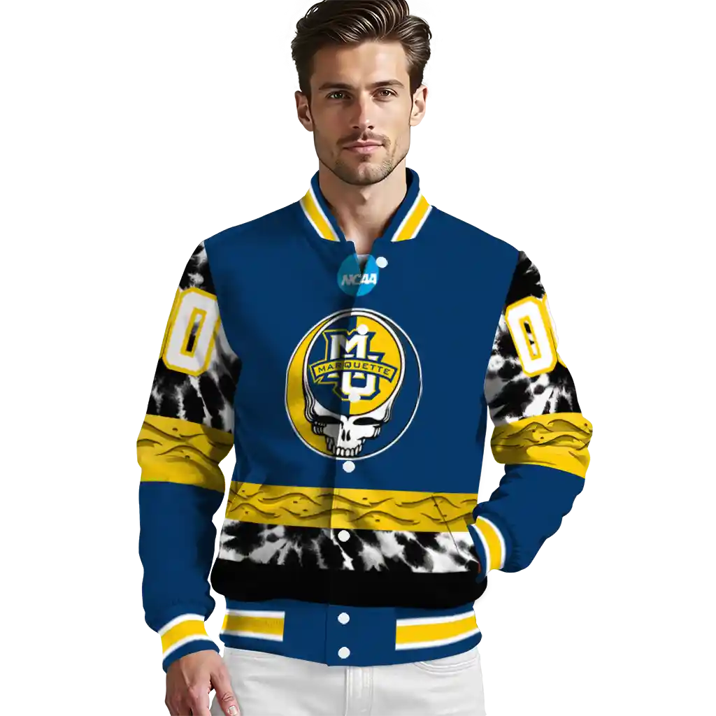 custom marquette golden eagles circle skull blue black varsity jacket high quality custom marquette golden eagles circle skull blue black varsity jacket high quality