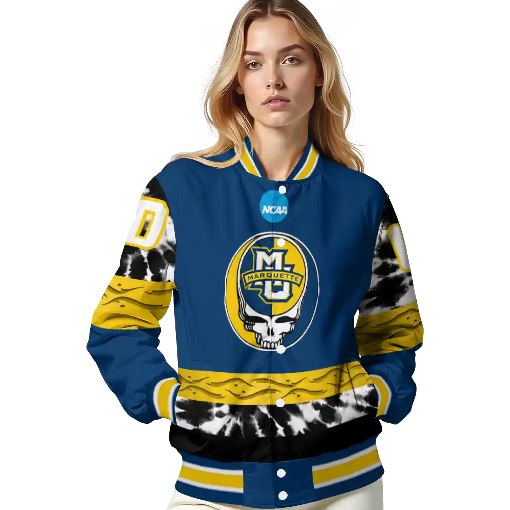 custom marquette golden eagles circle skull blue black varsity jacket latest model custom marquette golden eagles circle skull blue black varsity jacket latest model