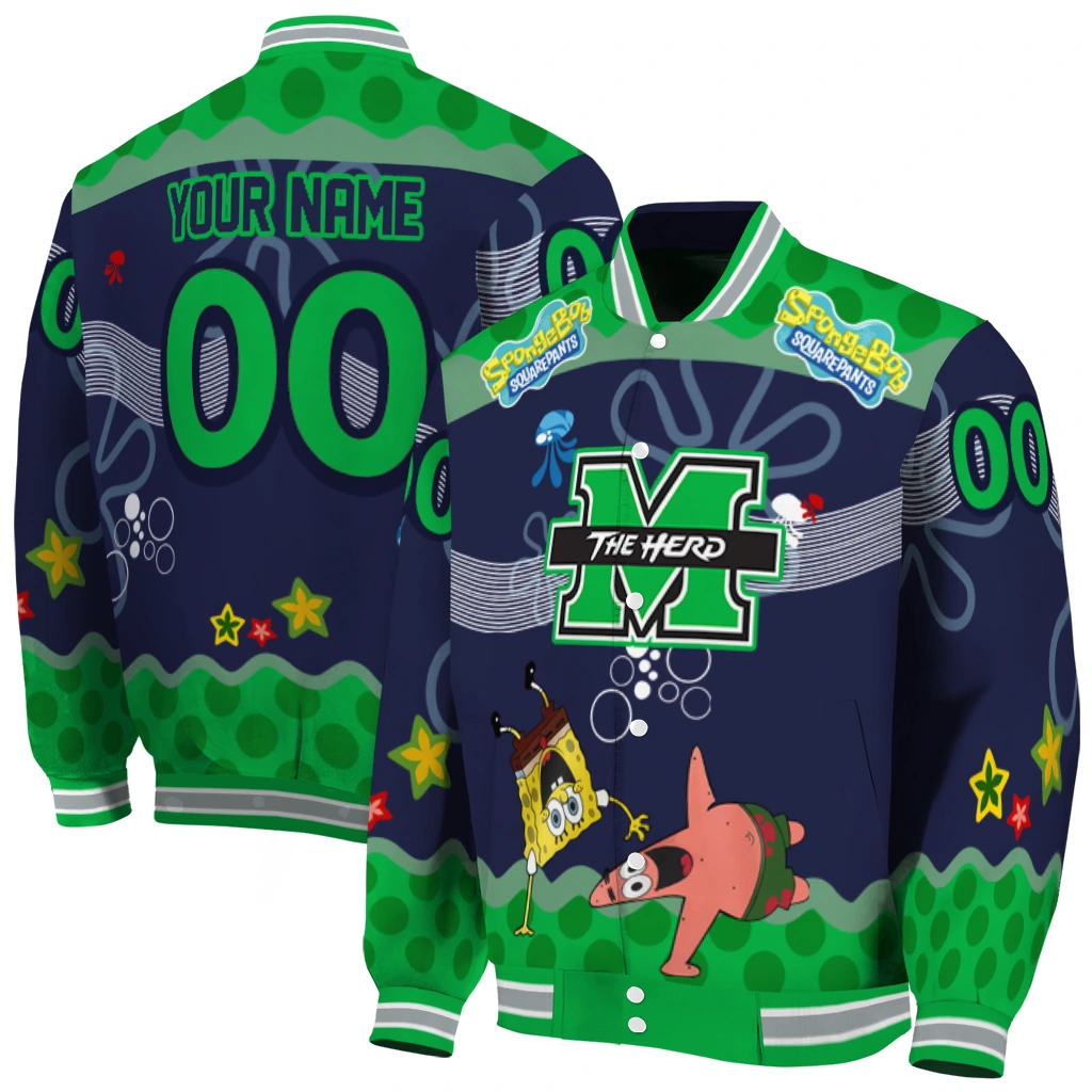 custom marshall thundering herd spongebob playtime green blue varsity jacket fashion forward custom marshall thundering herd spongebob playtime green blue varsity jacket fashion forward