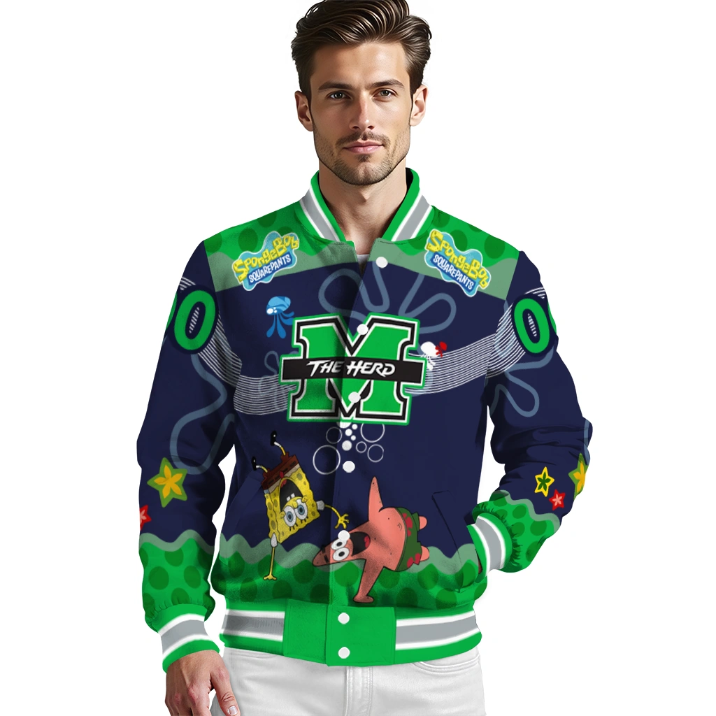 custom marshall thundering herd spongebob playtime green blue varsity jacket high quality custom marshall thundering herd spongebob playtime green blue varsity jacket high quality