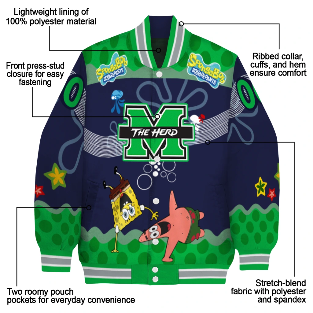 custom marshall thundering herd spongebob playtime green blue varsity jacket new arrival custom marshall thundering herd spongebob playtime green blue varsity jacket new arrival