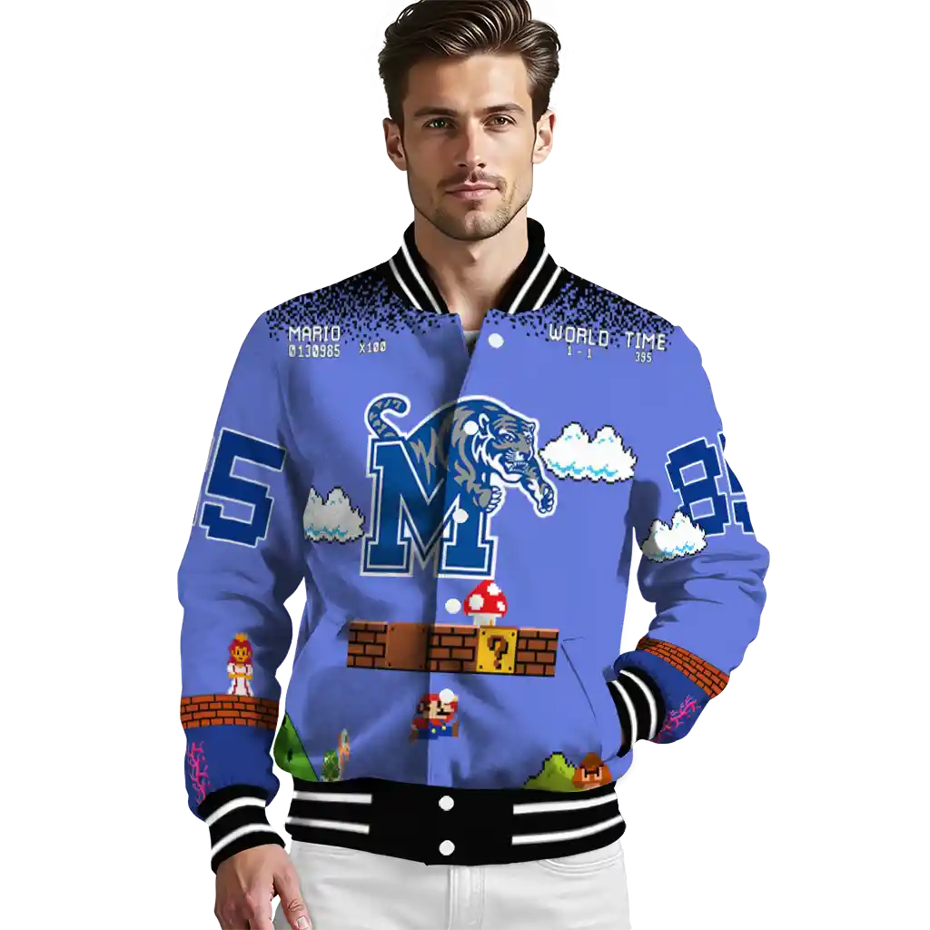 custom memphis tigers mario blocks blue black varsity jacket high quality custom memphis tigers mario blocks blue black varsity jacket high quality