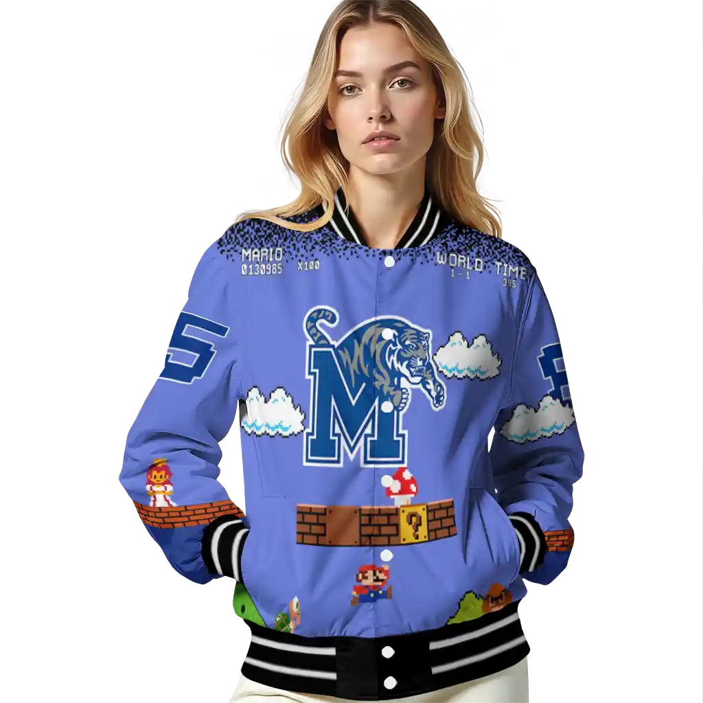 custom memphis tigers mario blocks blue black varsity jacket latest model custom memphis tigers mario blocks blue black varsity jacket latest model