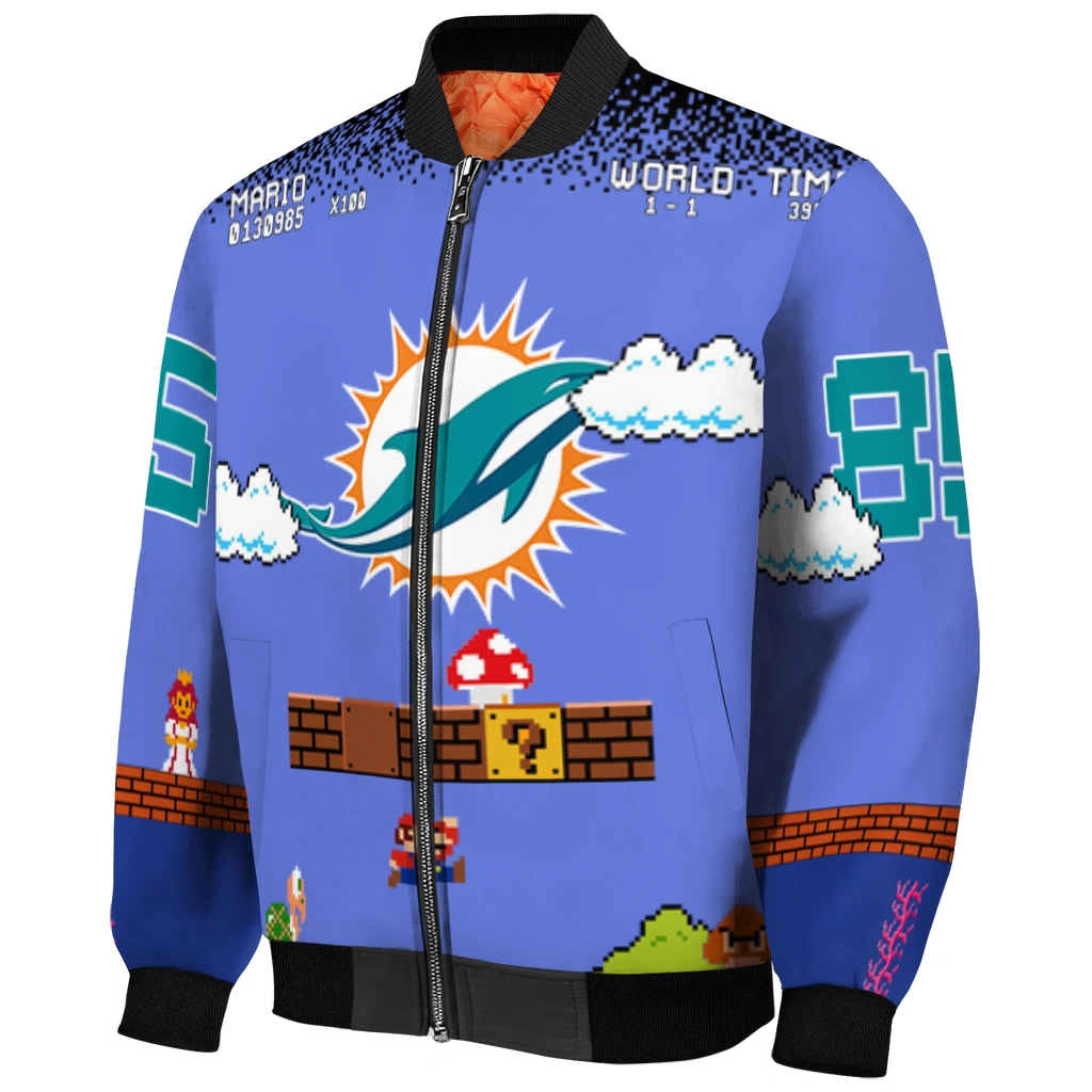 custom miami dolphins mario blocks blue black bomber jacket fashion forward custom miami dolphins mario blocks blue black bomber jacket fashion forward