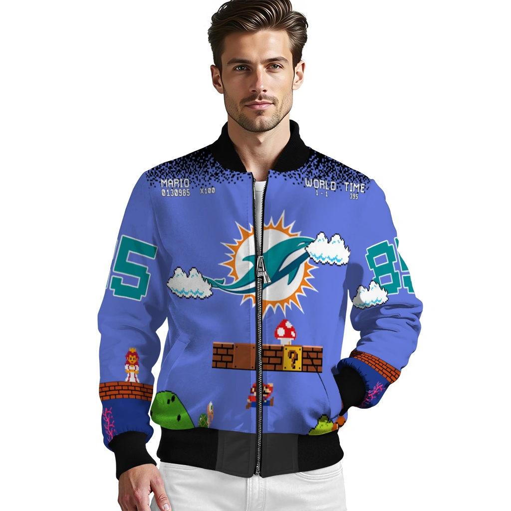 custom miami dolphins mario blocks blue black bomber jacket high quality custom miami dolphins mario blocks blue black bomber jacket high quality