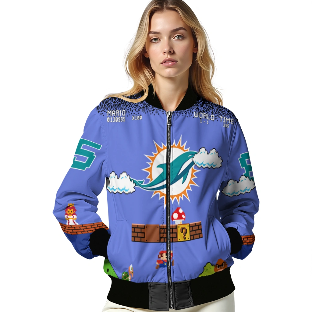 custom miami dolphins mario blocks blue black bomber jacket latest model custom miami dolphins mario blocks blue black bomber jacket latest model