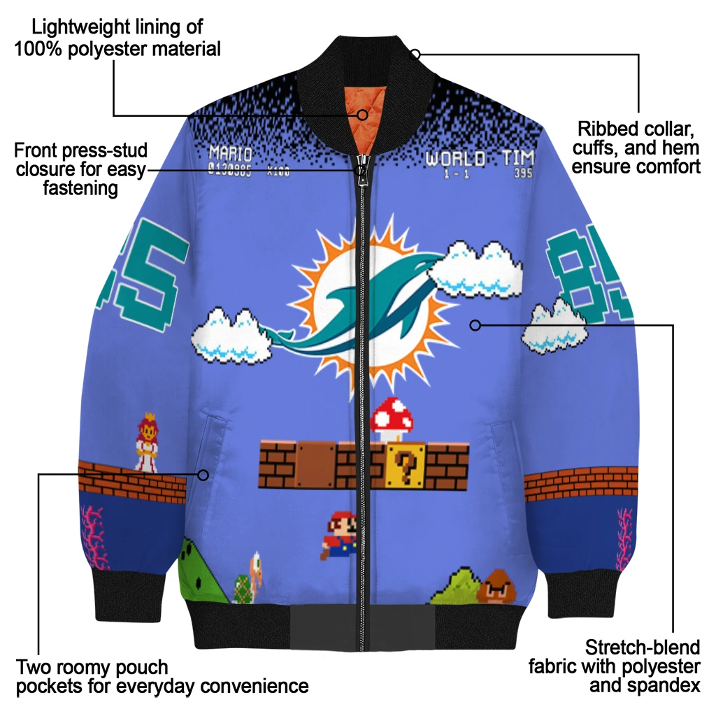 custom miami dolphins mario blocks blue black bomber jacket new arrival custom miami dolphins mario blocks blue black bomber jacket new arrival