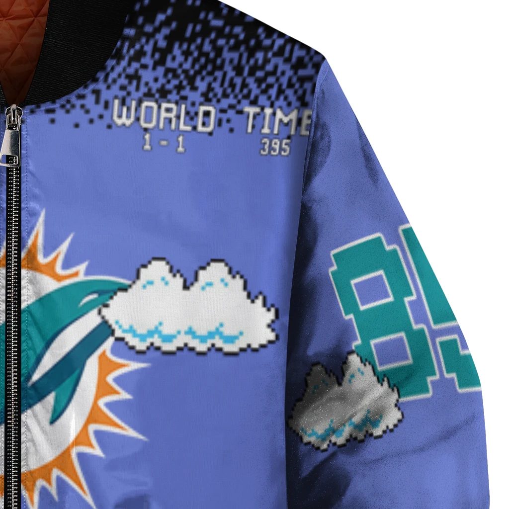 custom miami dolphins mario blocks blue black bomber jacket premium grade custom miami dolphins mario blocks blue black bomber jacket premium grade