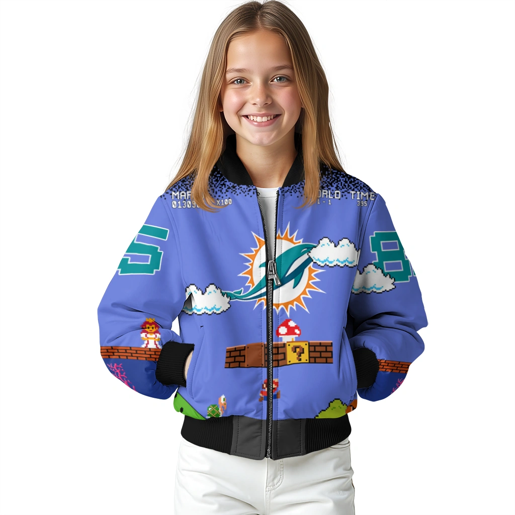 custom miami dolphins mario blocks blue black bomber jacket top rated custom miami dolphins mario blocks blue black bomber jacket top rated