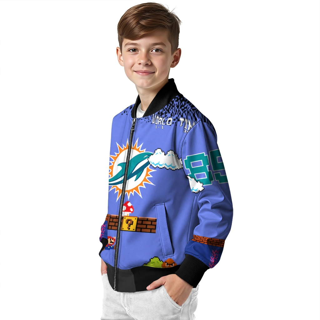 custom miami dolphins mario blocks blue black bomber jacket trendy custom miami dolphins mario blocks blue black bomber jacket trendy