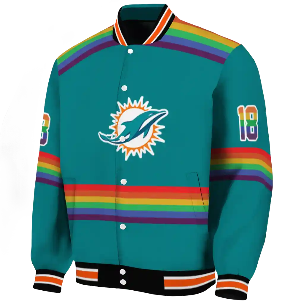 custom miami dolphins rainbow jersey number aqua varsity jacket best selling custom miami dolphins rainbow jersey number aqua varsity jacket best selling