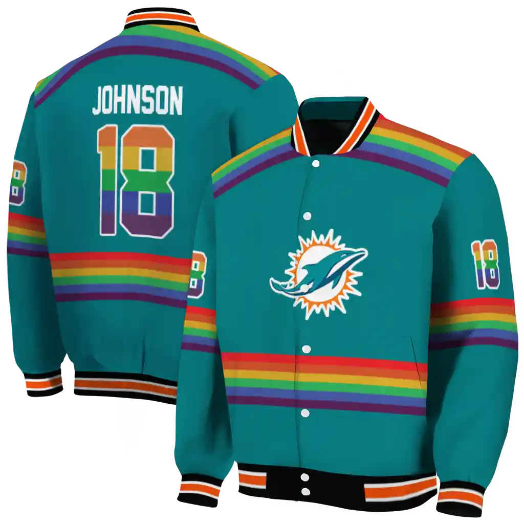 custom miami dolphins rainbow jersey number aqua varsity jacket fashion forward custom miami dolphins rainbow jersey number aqua varsity jacket fashion forward