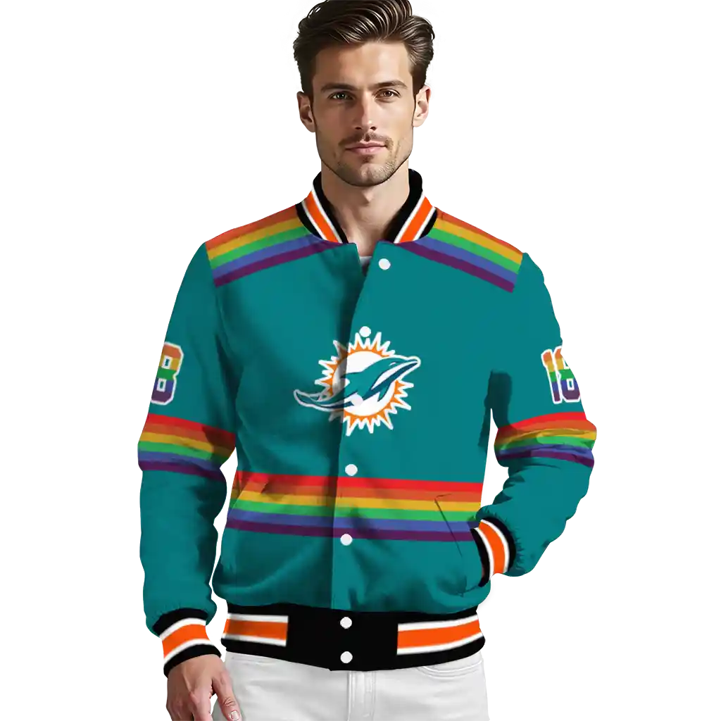 custom miami dolphins rainbow jersey number aqua varsity jacket high quality custom miami dolphins rainbow jersey number aqua varsity jacket high quality