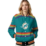 custom miami dolphins rainbow jersey number aqua varsity jacket best selling