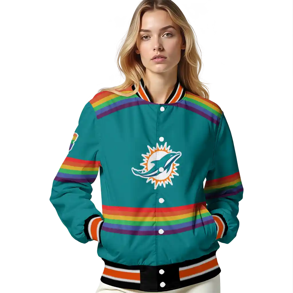 custom miami dolphins rainbow jersey number aqua varsity jacket latest model custom miami dolphins rainbow jersey number aqua varsity jacket latest model