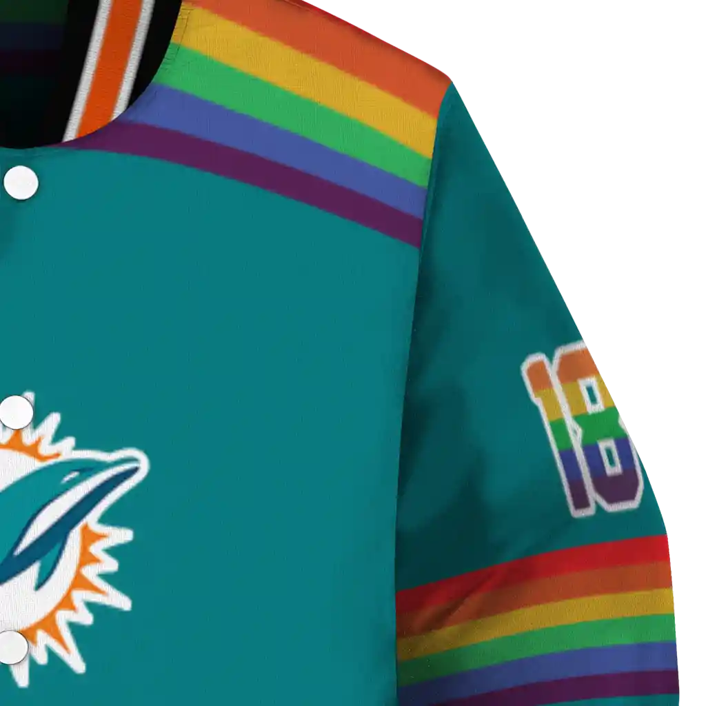 custom miami dolphins rainbow jersey number aqua varsity jacket premium grade custom miami dolphins rainbow jersey number aqua varsity jacket premium grade