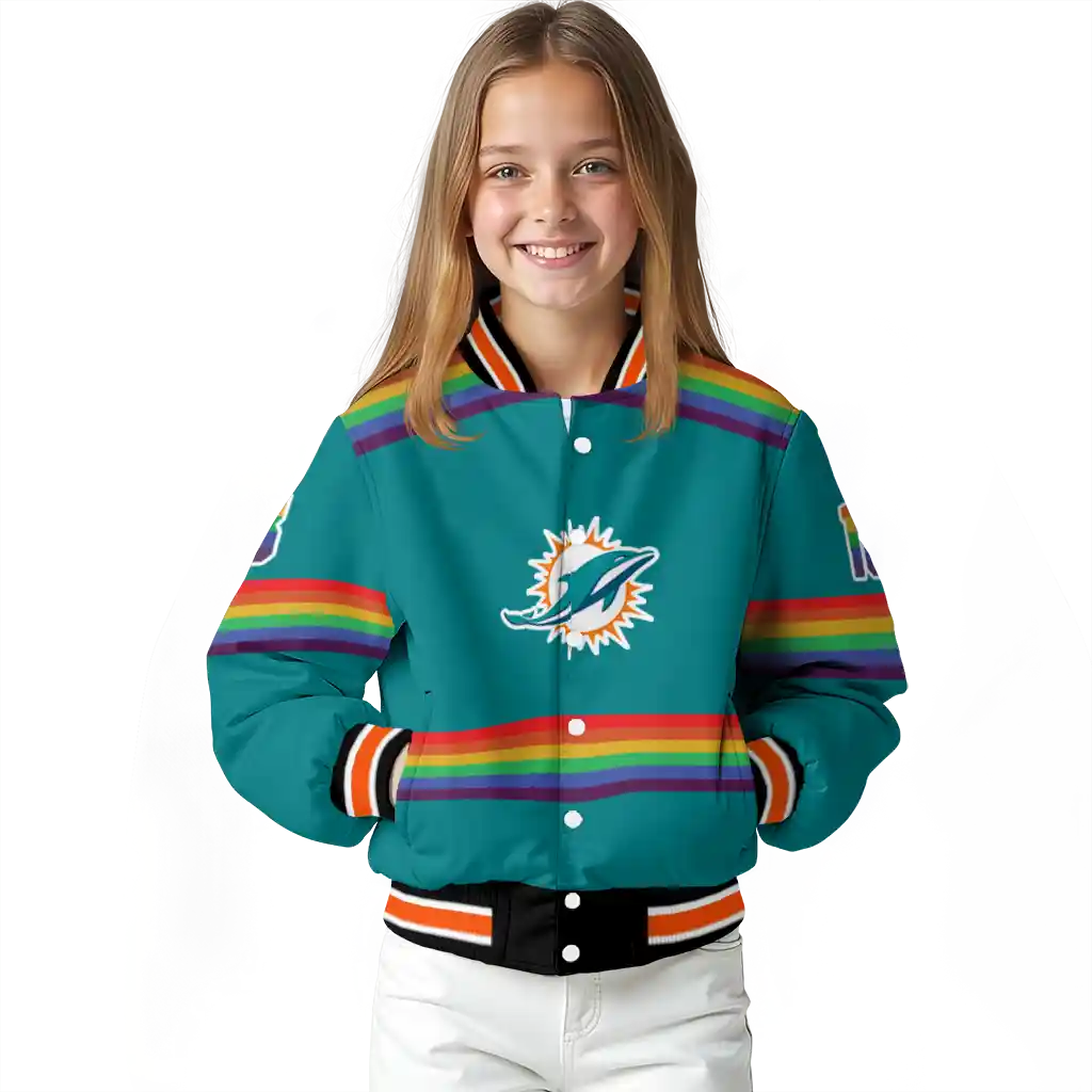 custom miami dolphins rainbow jersey number aqua varsity jacket top rated custom miami dolphins rainbow jersey number aqua varsity jacket top rated