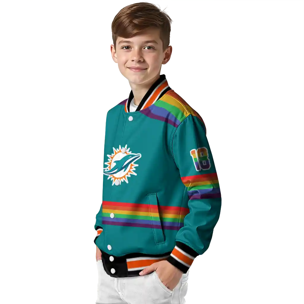 custom miami dolphins rainbow jersey number aqua varsity jacket trendy custom miami dolphins rainbow jersey number aqua varsity jacket trendy