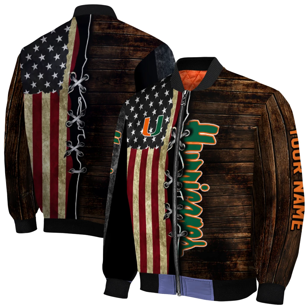 custom miami hurricanes flag wood brown bomber jacket best selling custom miami hurricanes flag wood brown bomber jacket best selling