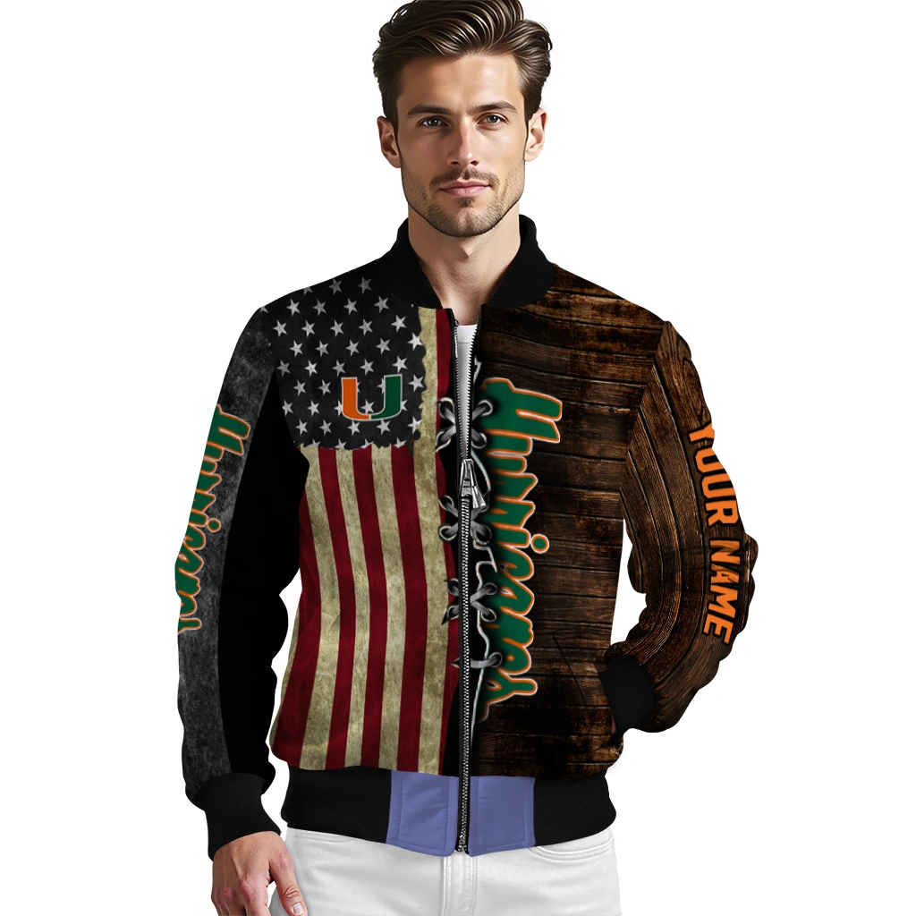 custom miami hurricanes flag wood brown bomber jacket high quality custom miami hurricanes flag wood brown bomber jacket high quality