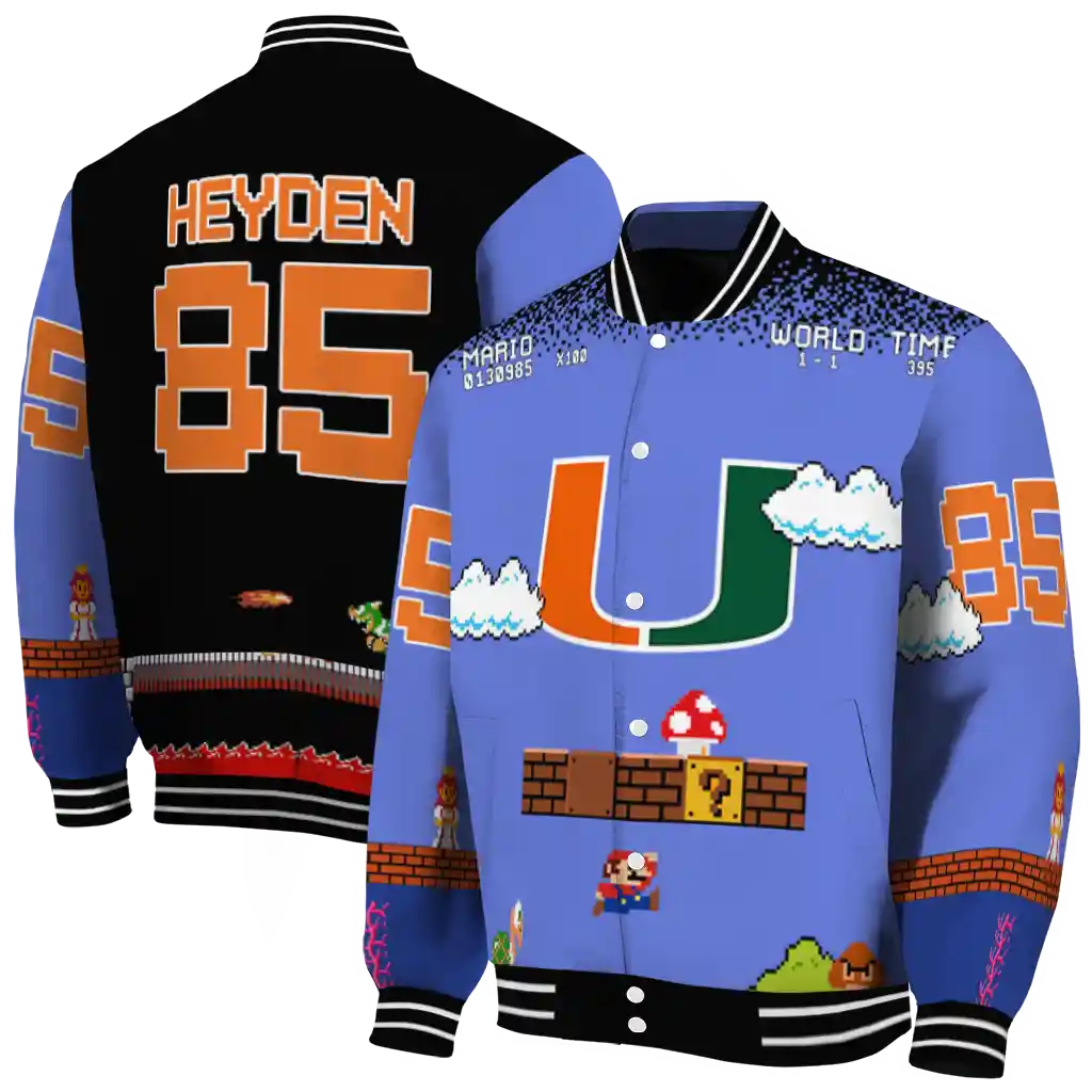 custom miami hurricanes mario blocks blue black varsity jacket fashion forward custom miami hurricanes mario blocks blue black varsity jacket fashion forward