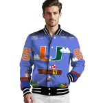 custom miami hurricanes mario blocks blue black varsity jacket best selling