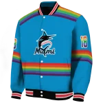 custom miami marlins rainbow jersey number blue varsity jacket best selling