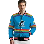 custom miami marlins rainbow jersey number blue varsity jacket best selling