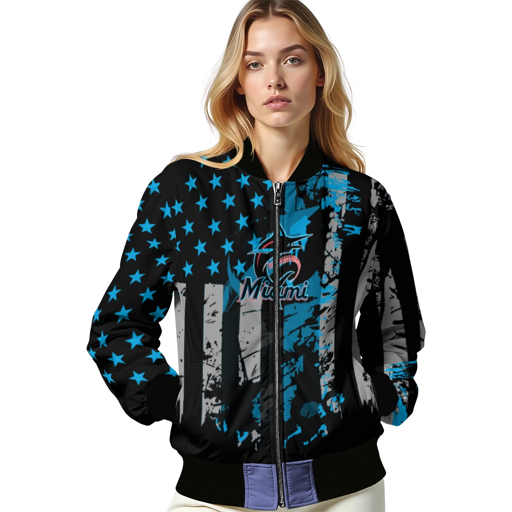 custom miami marlins star stripes blue black bomber jacket latest model custom miami marlins star stripes blue black bomber jacket latest model