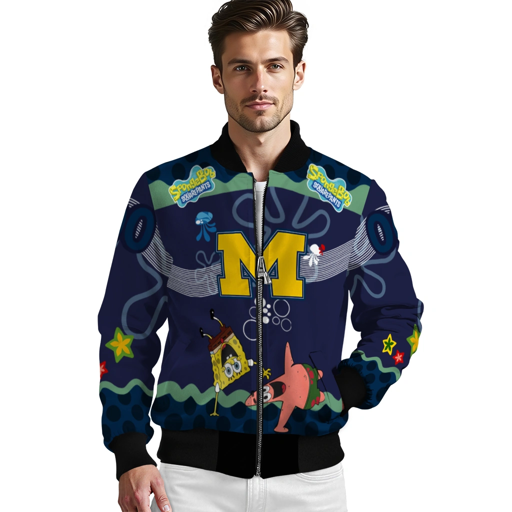 custom michigan wolverines spongebob playtime blue bomber jacket high quality custom michigan wolverines spongebob playtime blue bomber jacket high quality
